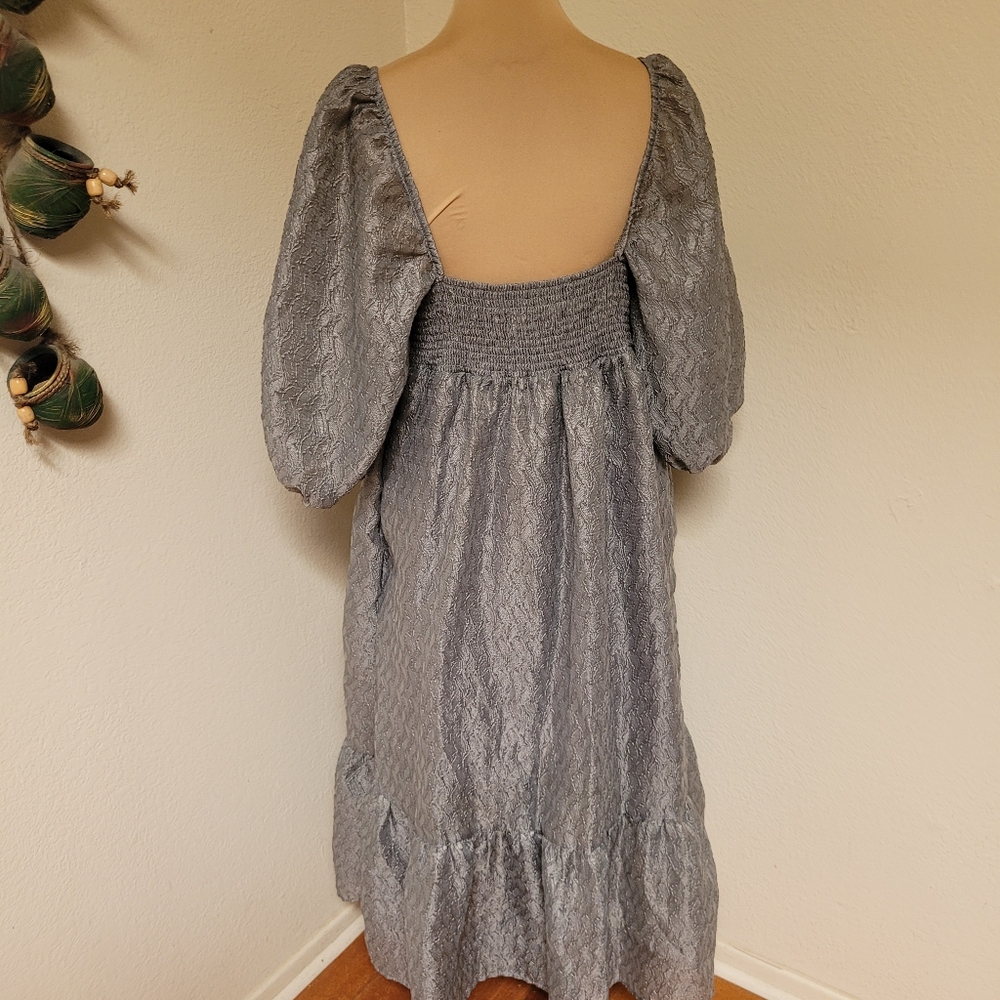 By Anthropologie Elegant Silver Textured Puff Sleeve Dress - Picture 6 of 7